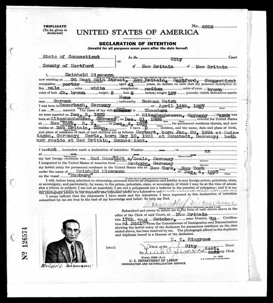 Meinhold Eisemann's applies for American citizenship